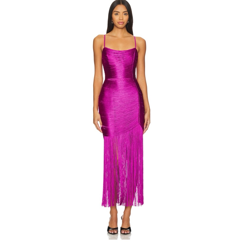 SAYLOR Vibrant Pink Fringe Midi Dress